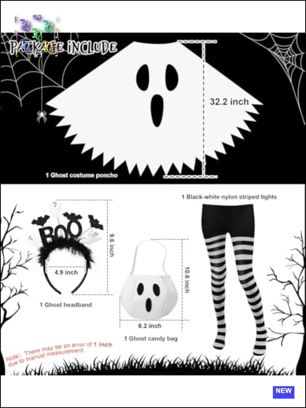 Ghost Halloween Costume Set for Women with Poncho Tights Headband Candy Bag